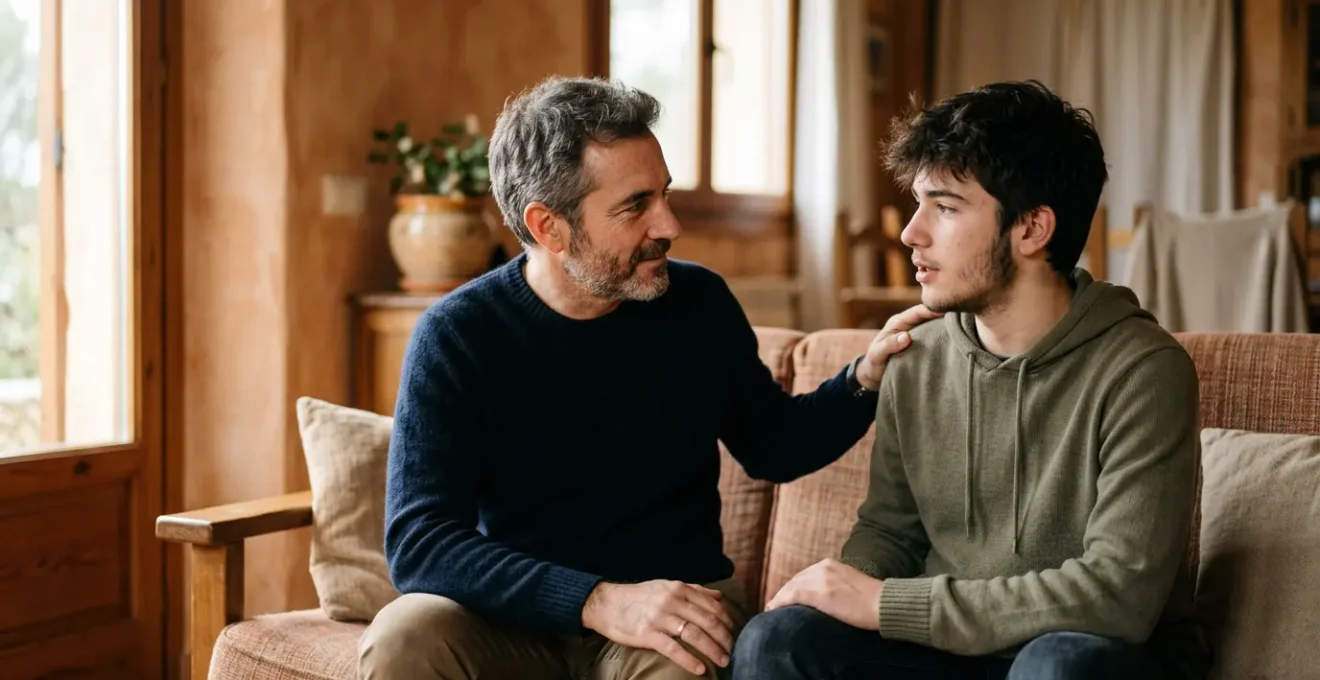 Padre e hijo adolescente conversando en un momento de conexion genuina
