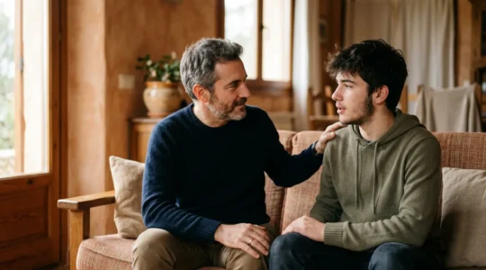 Padre e hijo adolescente conversando en un momento de conexion genuina