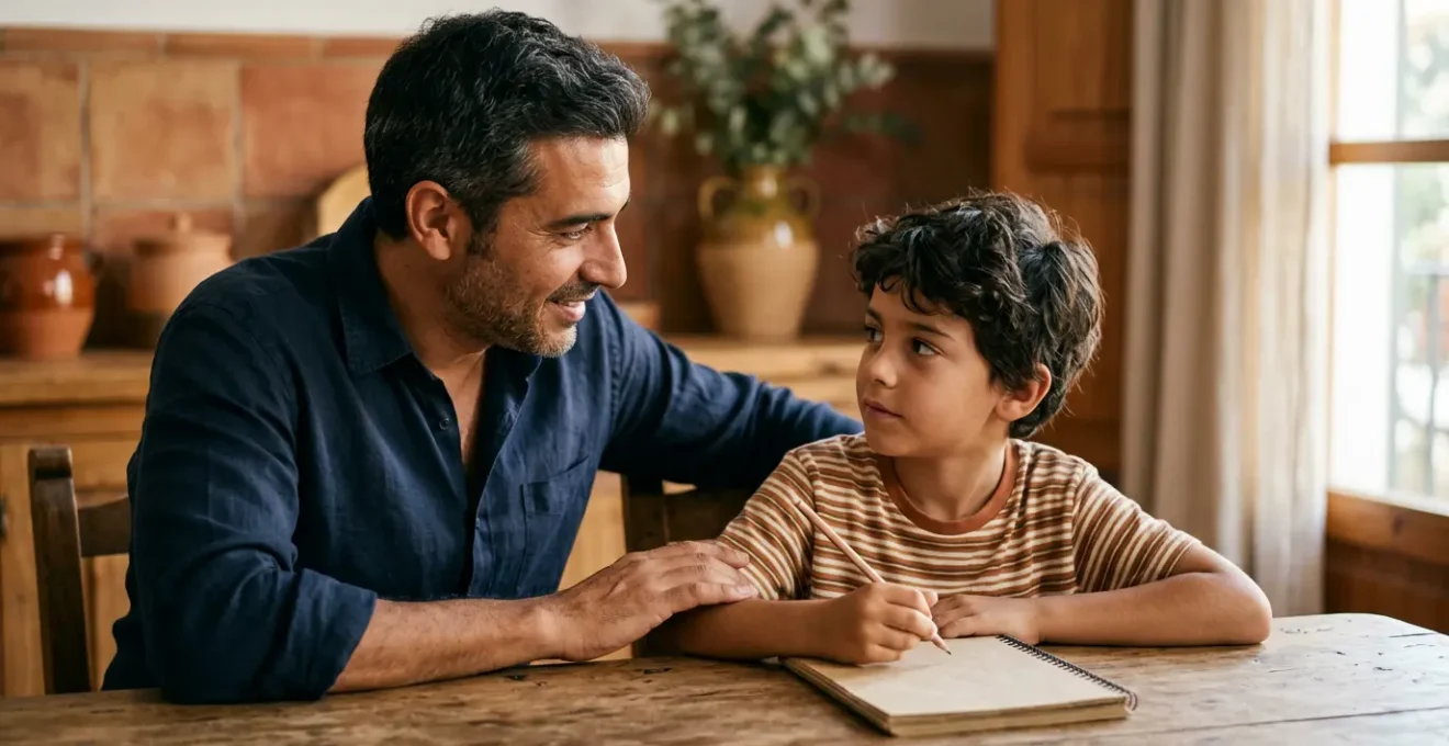 Padre e hijo en conversación cercana sobre aprendizaje y esfuerzo, mostrando conexión emocional y mentalidad de crecimiento