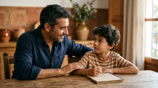 Padre e hijo en conversación cercana sobre aprendizaje y esfuerzo, mostrando conexión emocional y mentalidad de crecimiento