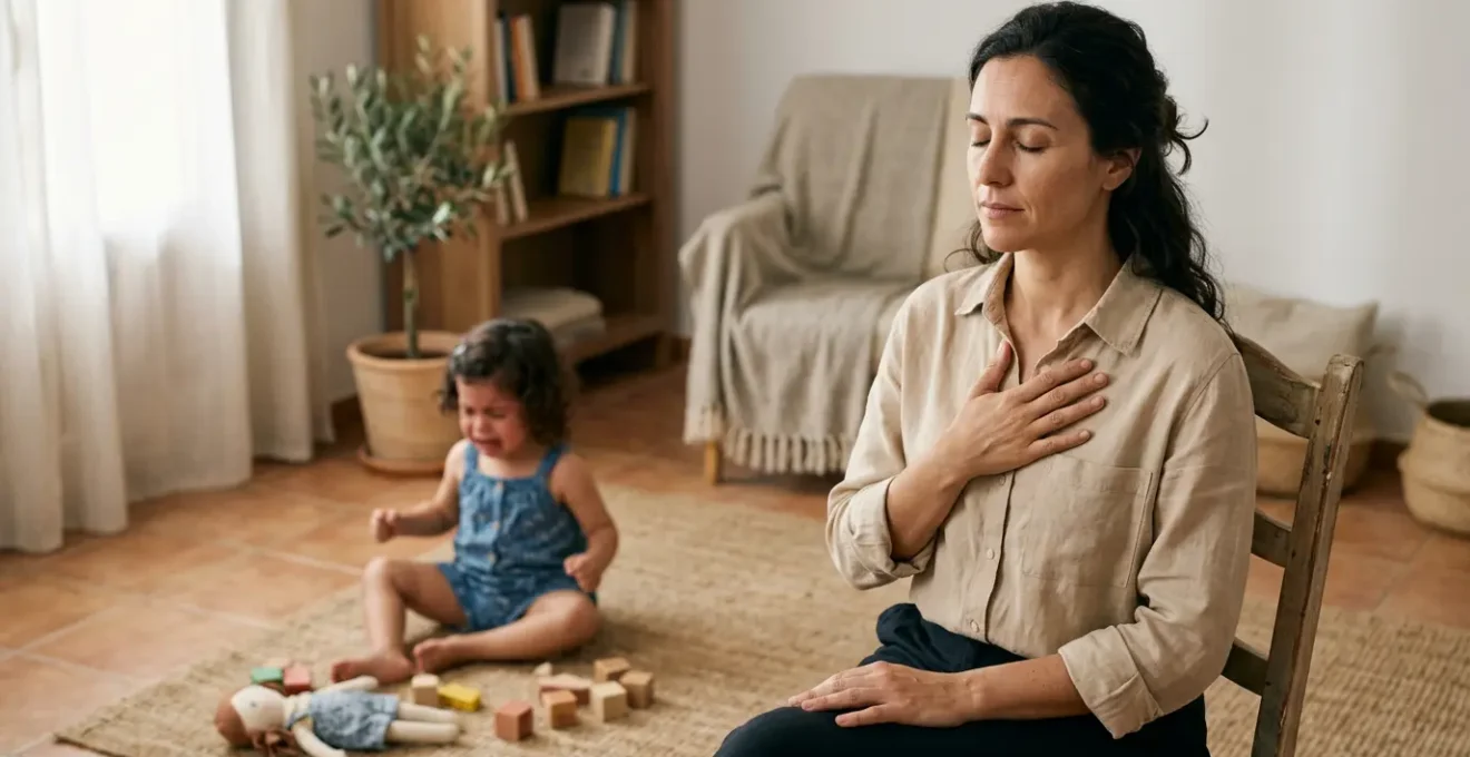 Padre respirando profundamente mientras su hijo pequeño tiene una rabieta, mostrando regulación emocional