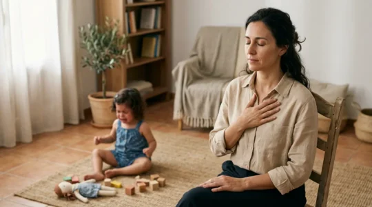 Padre respirando profundamente mientras su hijo pequeño tiene una rabieta, mostrando regulación emocional