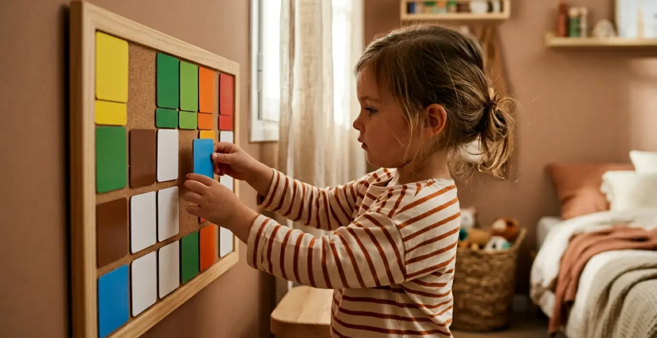 Sistema de organización visual con códigos de colores para niño preparando mochila escolar