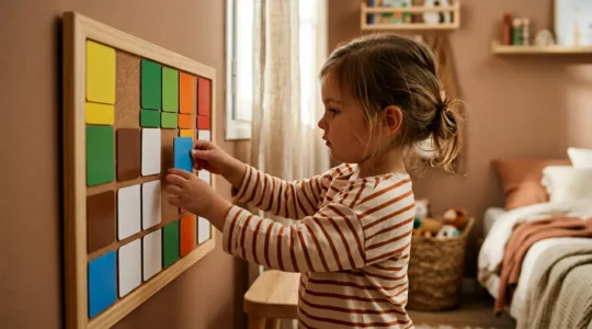 Sistema de organización visual con códigos de colores para niño preparando mochila escolar