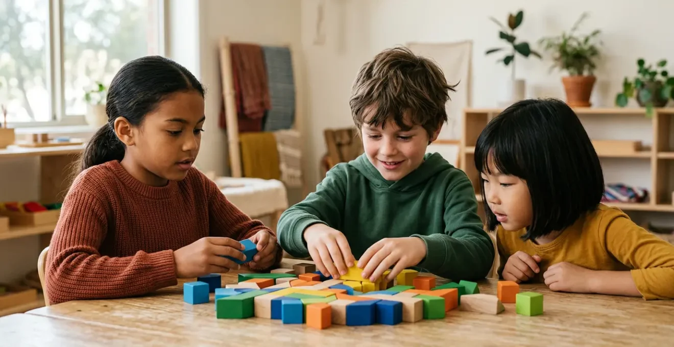 Niños aprendiendo programación con bloques visuales y código en pantallas, ambiente educativo tecnológico