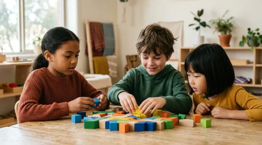 Niños aprendiendo programación con bloques visuales y código en pantallas, ambiente educativo tecnológico
