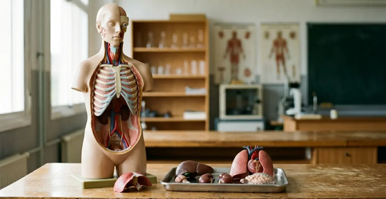 Modelo anatómico de torso humano desmontable con órganos internos visibles sobre mesa de laboratorio escolar en España