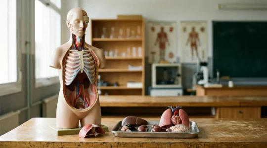 Modelo anatómico de torso humano desmontable con órganos internos visibles sobre mesa de laboratorio escolar en España