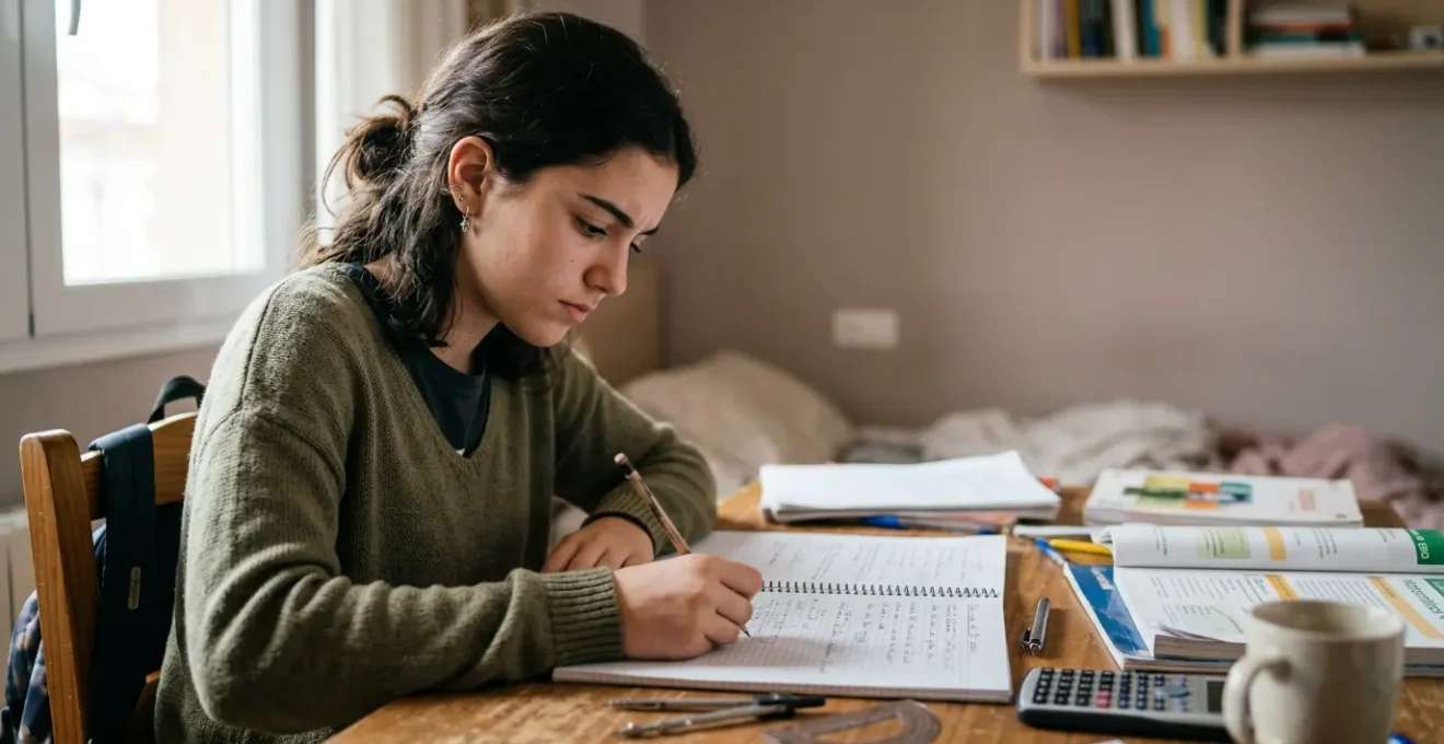 Estudiante adolescente español sentado frente a cuadernos y material escolar con expresión determinada y esperanzadora reflejando el cambio de actitud ante los suspensos