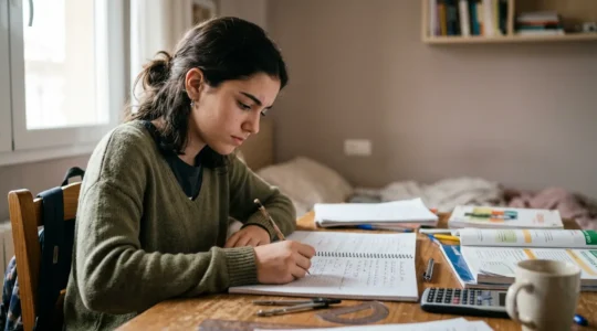 Estudiante adolescente español sentado frente a cuadernos y material escolar con expresión determinada y esperanzadora reflejando el cambio de actitud ante los suspensos