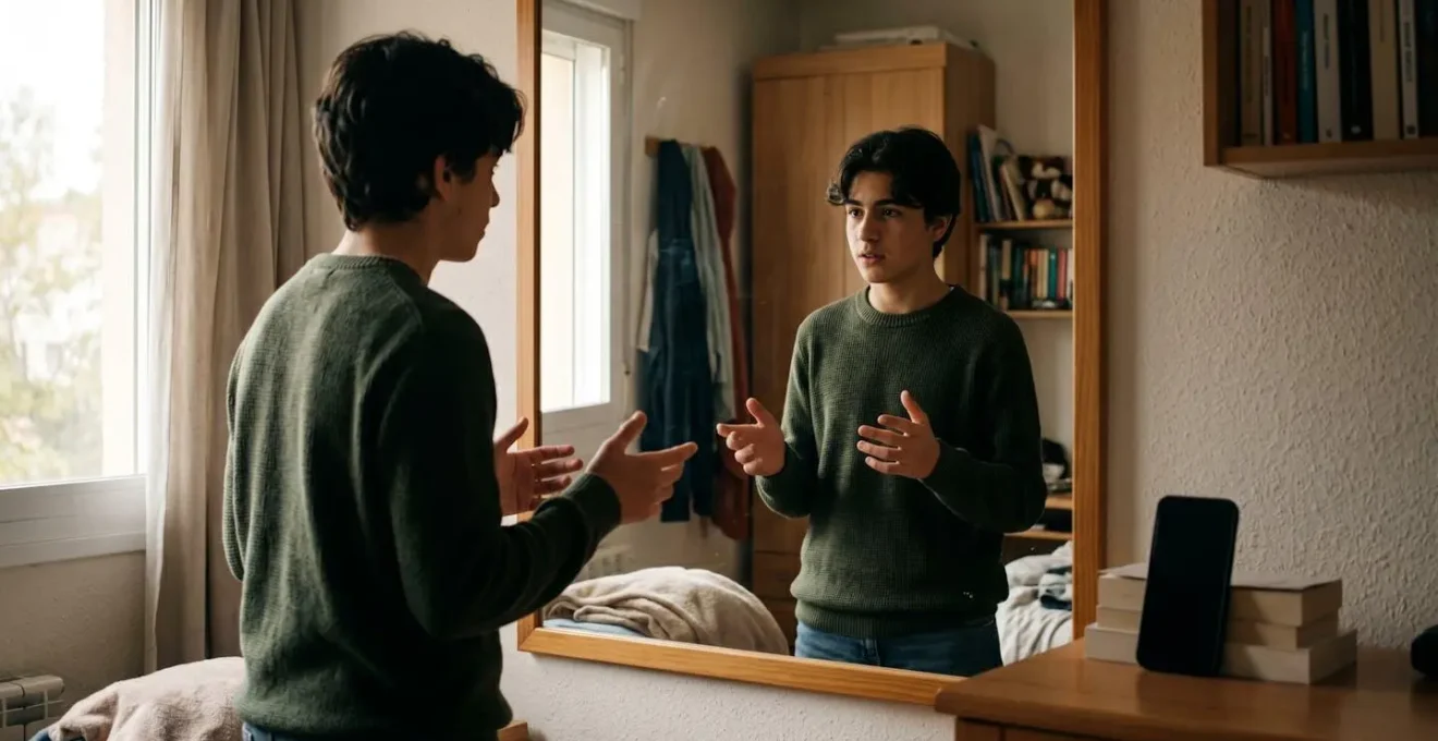 Adolescente español practicando su presentación mientras se graba con su móvil en casa