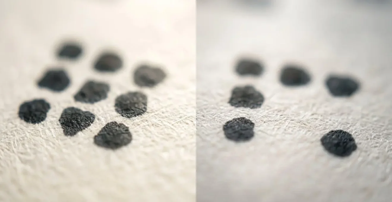 Detalle macro de texto con diferentes espaciados entre letras mostrando la textura del papel y la tinta