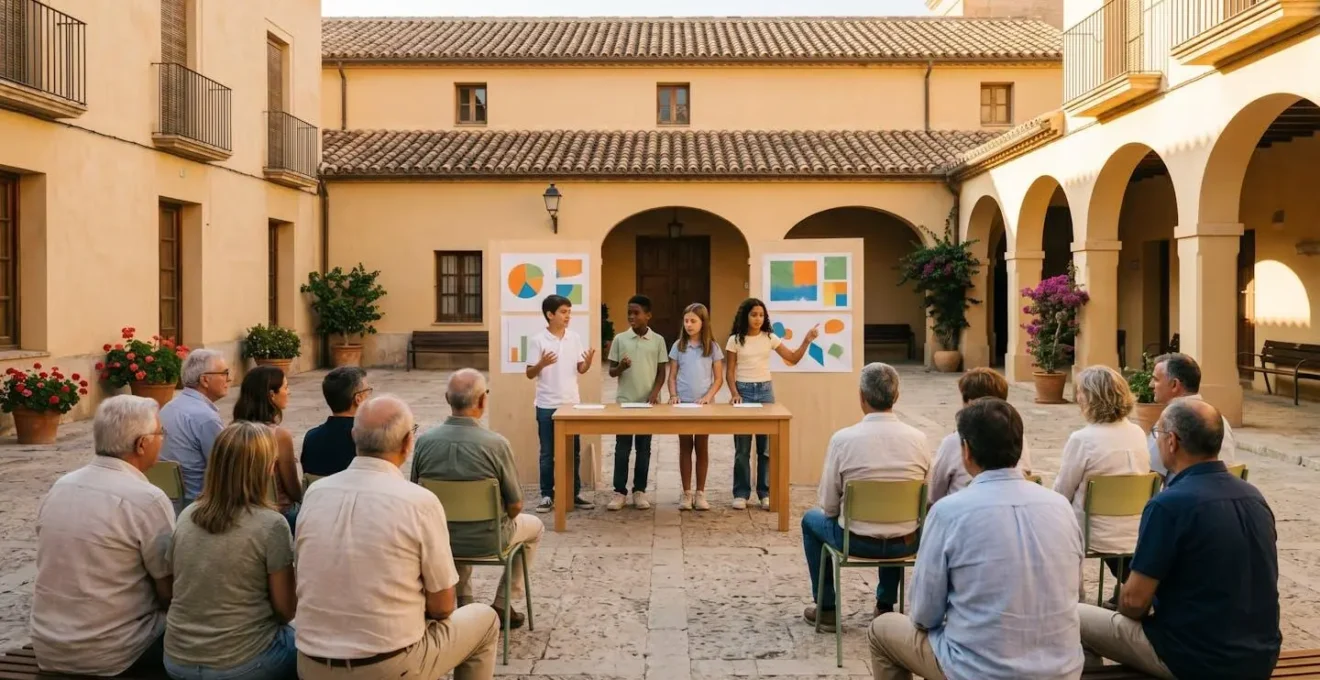 Grupo de estudiantes presentando resultados científicos del proyecto del río ante vecinos y autoridades locales en espacio público español