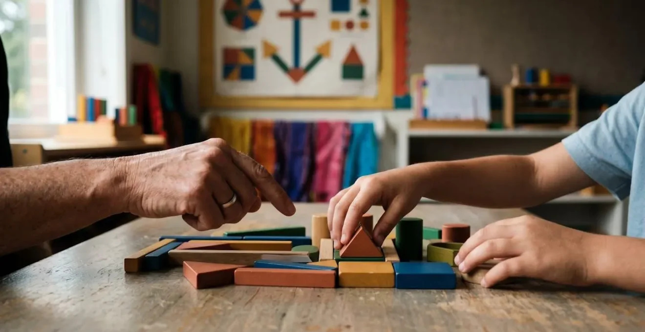 Manos de docente y alumno interactuando con materiales manipulativos sobre una mesa, con pistas visuales abstractas en el fondo