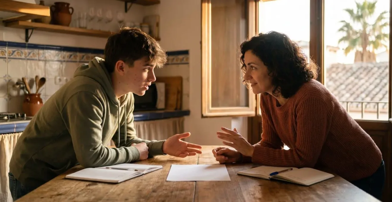 Representación visual de una conversación constructiva entre padre e hijo adolescente analizando resultados escolares en ambiente calmado y de apoyo mutuo