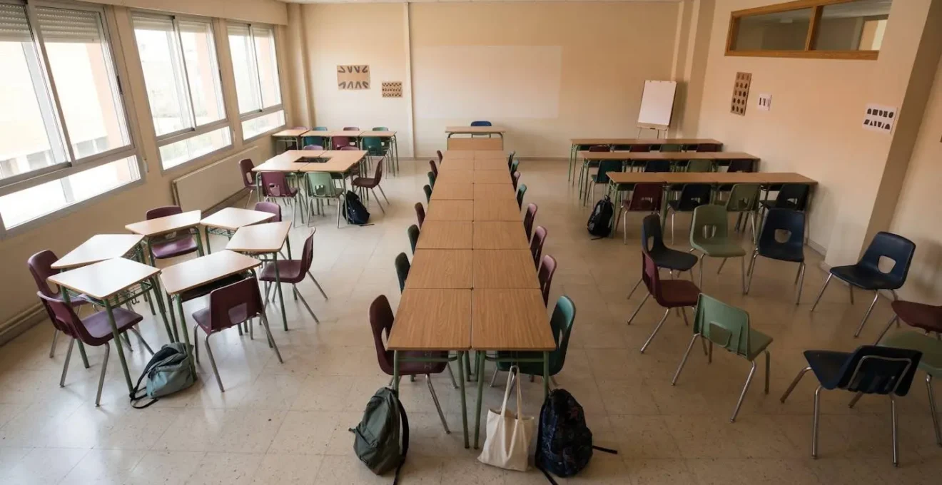 Vista aérea de aula reorganizada en zonas diferenciadas para fases de Design Thinking