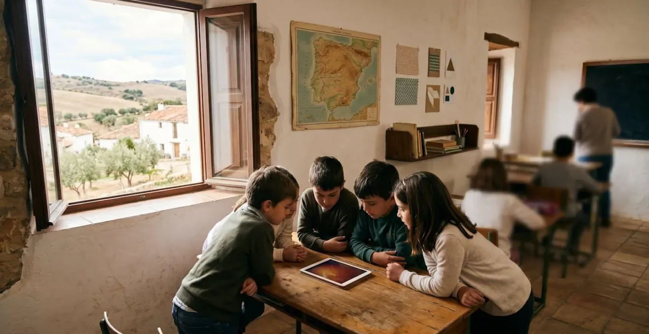 Aula multigrado en escuela rural española con estudiantes compartiendo dispositivos para explorar patrimonio cultural digital