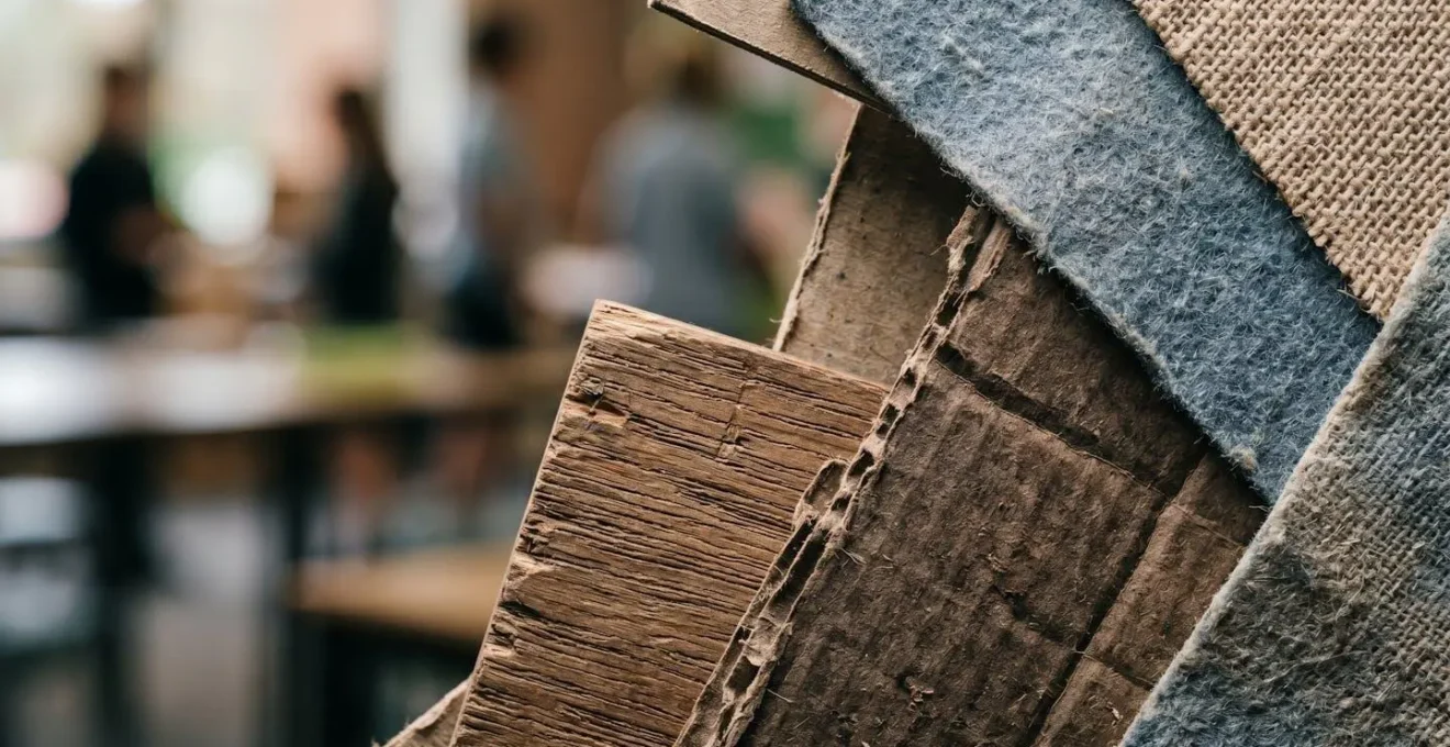 Espacio educativo español reconfigurado con mobiliario reutilizado y materiales de bajo coste dispuestos en zonas flexibles de trabajo