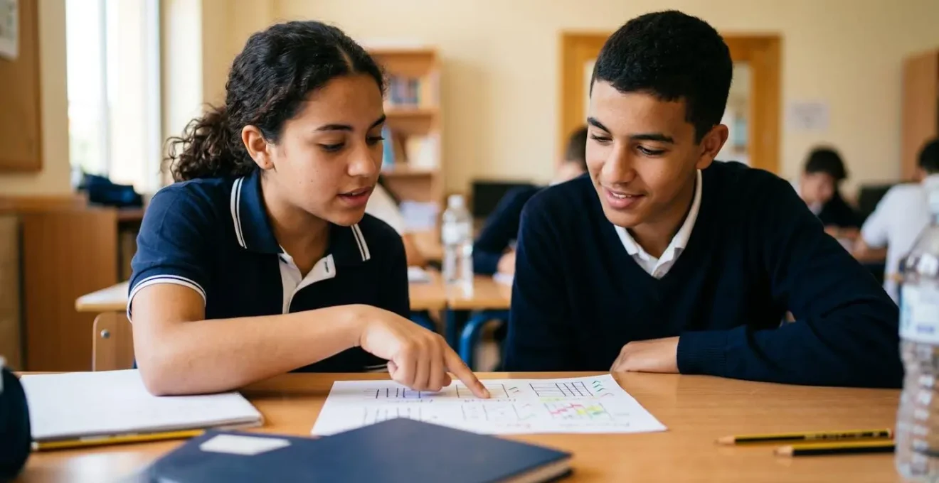Estudiantes españoles en proceso de autoevaluación colaborativa con documentos de rúbricas