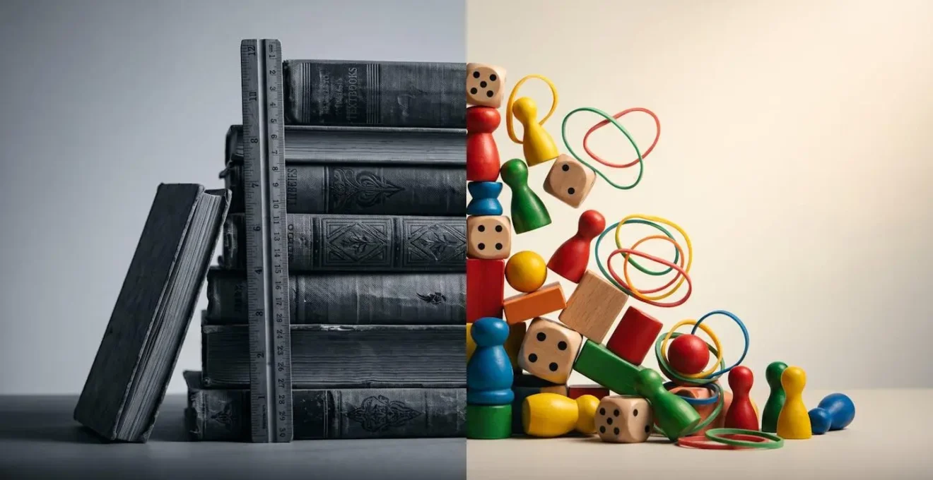 Representación visual conceptual del contraste entre el aprendizaje lúdico y el tradicional mediante objetos simbólicos que evocan carga mental