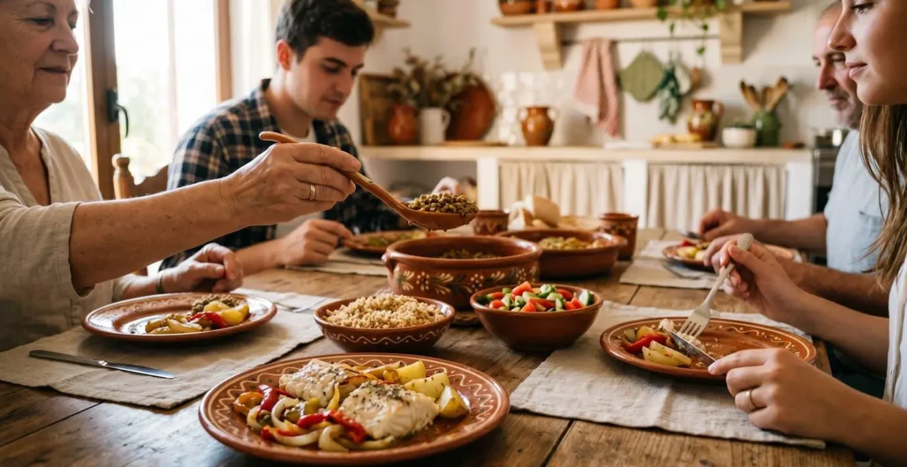 Mesa familiar con cena saludable mediterránea preparada antes de las ocho de la tarde para favorecer el sueño infantil