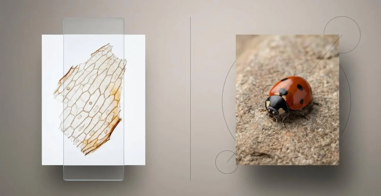 Comparación conceptual entre microscopio biológico para ver células y estereoscópico para ver objetos enteros.