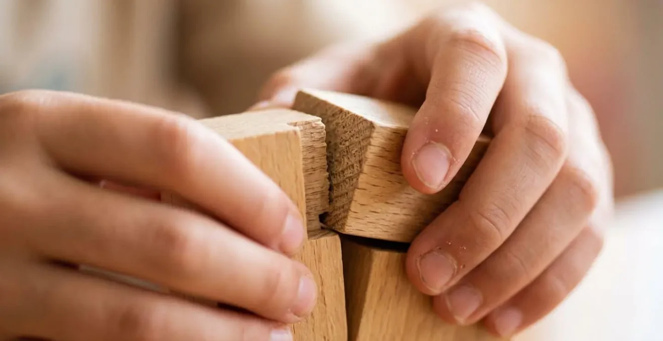Manos de niño manipulando piezas tridimensionales del Cubo Soma de madera para desarrollar visión espacial y geometría