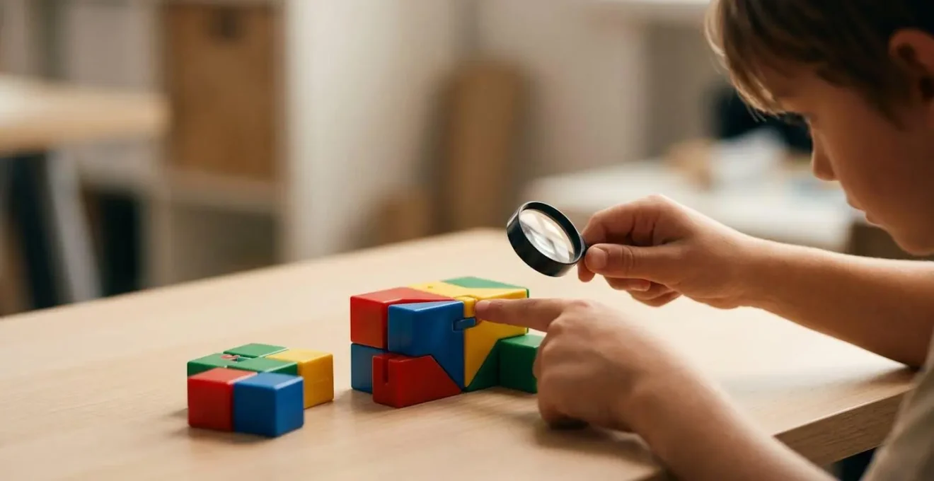 Manos de niño señalando y analizando bloques de código de colores sobre mesa, gesto de reflexión y resolución de problemas