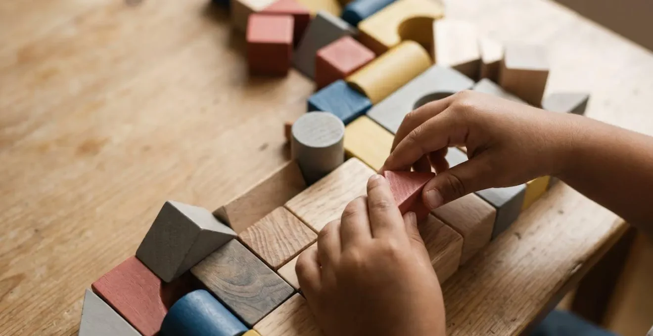 Manos de niña construyendo estructura compleja con bloques de colores neutros sobre mesa de madera