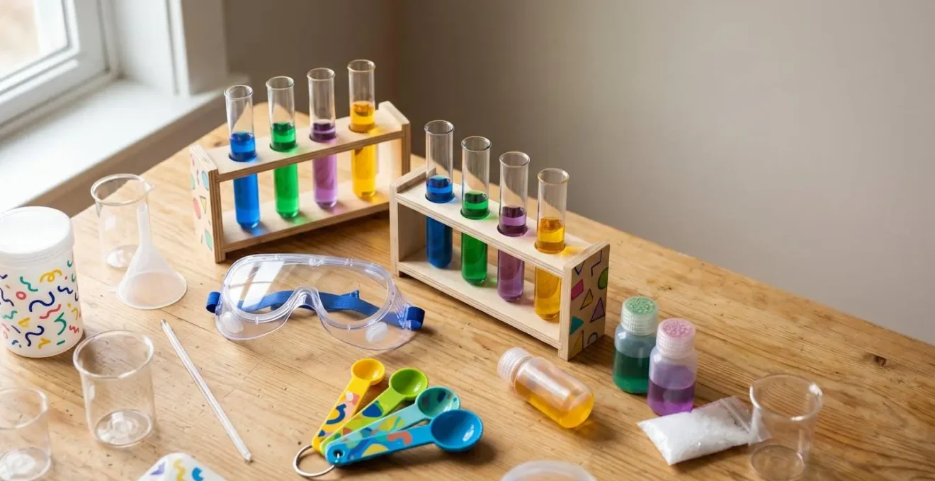 Kit de química infantil con tubos de ensayo y instrumentos científicos sobre mesa