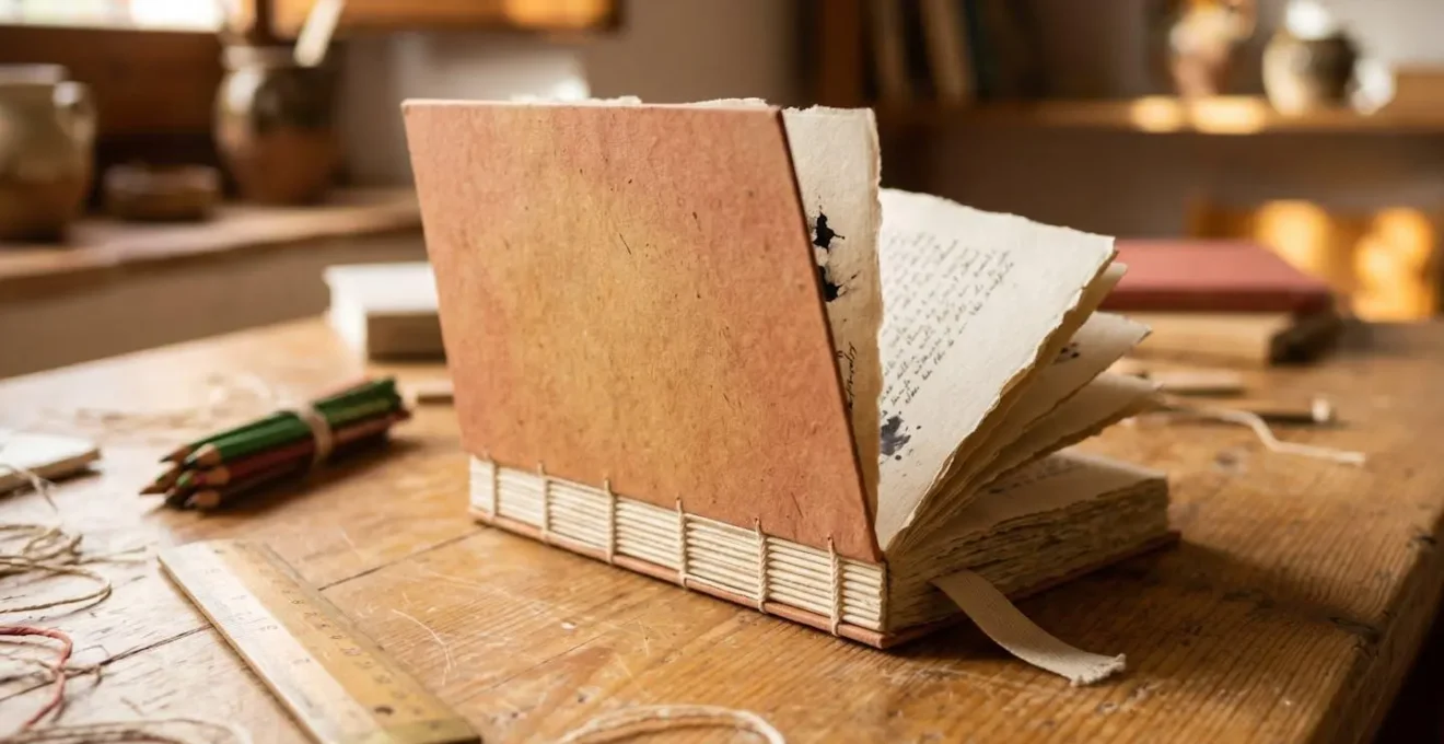 Libro artesanal creado por estudiantes sobre mesa de madera con luz natural