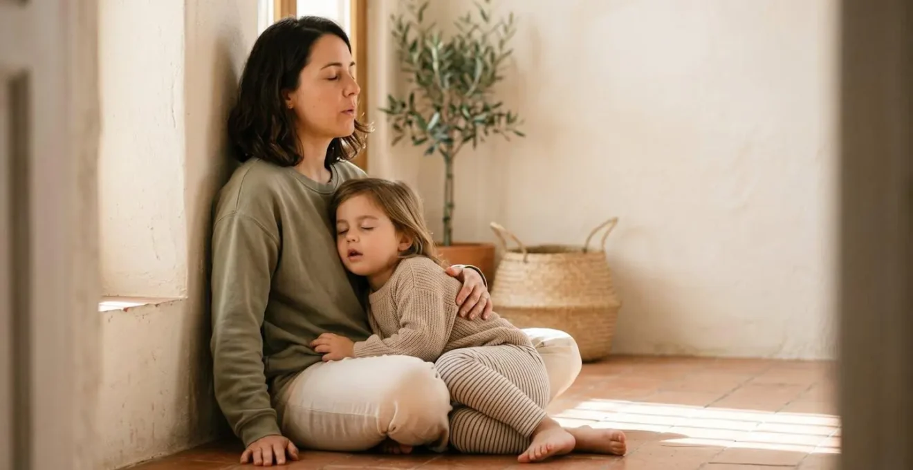 Madre e hijo pequeño sentados juntos respirando con calma, conexión emocional visible, luz suave creando atmósfera de seguridad y regulación mutua