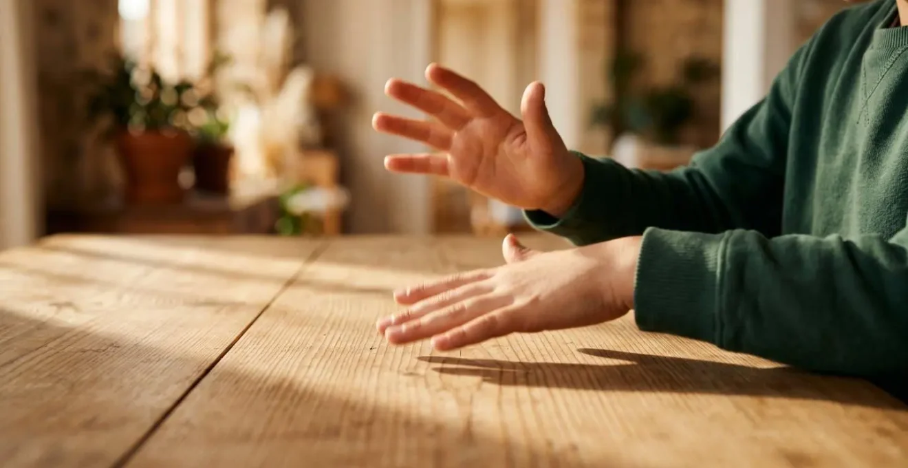 Primer plano de las manos de un niño realizando percusión sobre una superficie de madera con luz cálida lateral