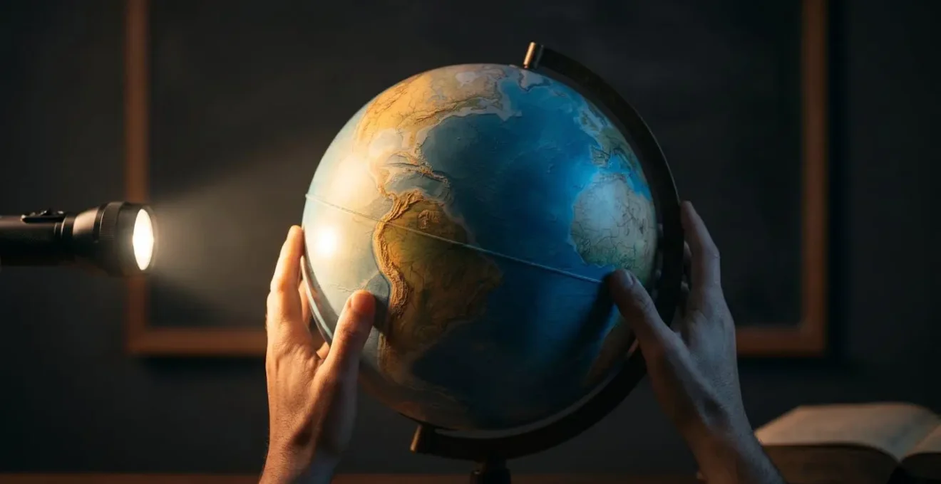 Experimento educativo con linterna iluminando globo terráqueo mostrando zonas de día y noche mediante luz y sombra
