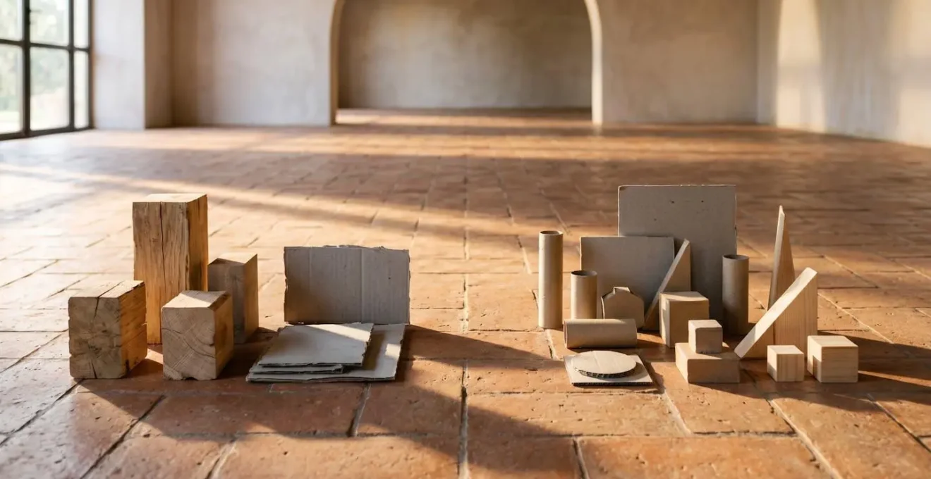 Materiales de construcción diversos dispuestos de forma orgánica mostrando el potencial creativo de recursos cotidianos y reciclados