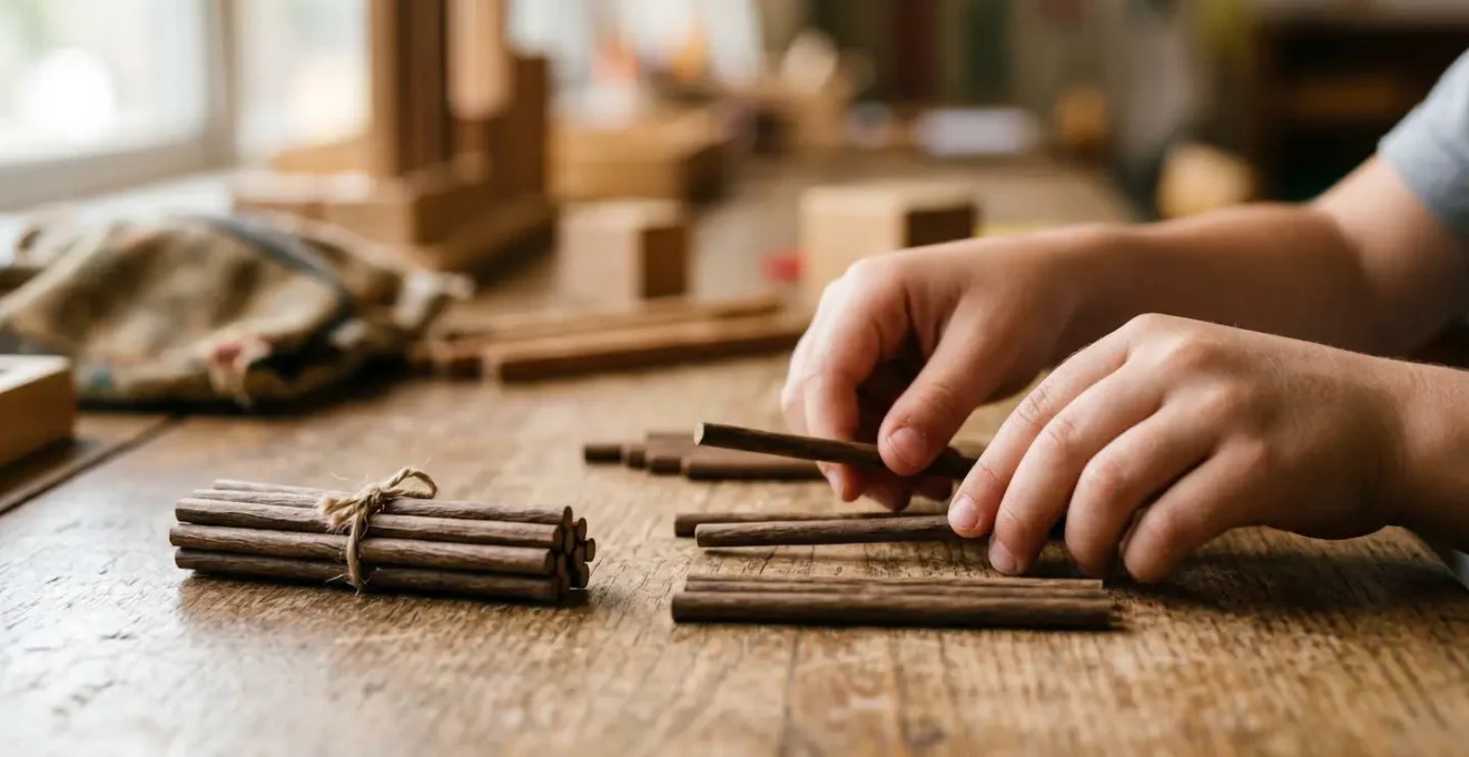 Primer plano de manos infantiles descomponiendo números con palillos y material manipulativo sobre una mesa de aula