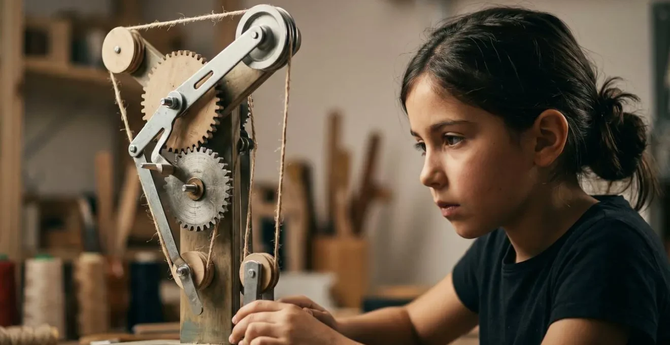 Niña observando con atención científica el funcionamiento de mecanismo simple que ella misma construyó