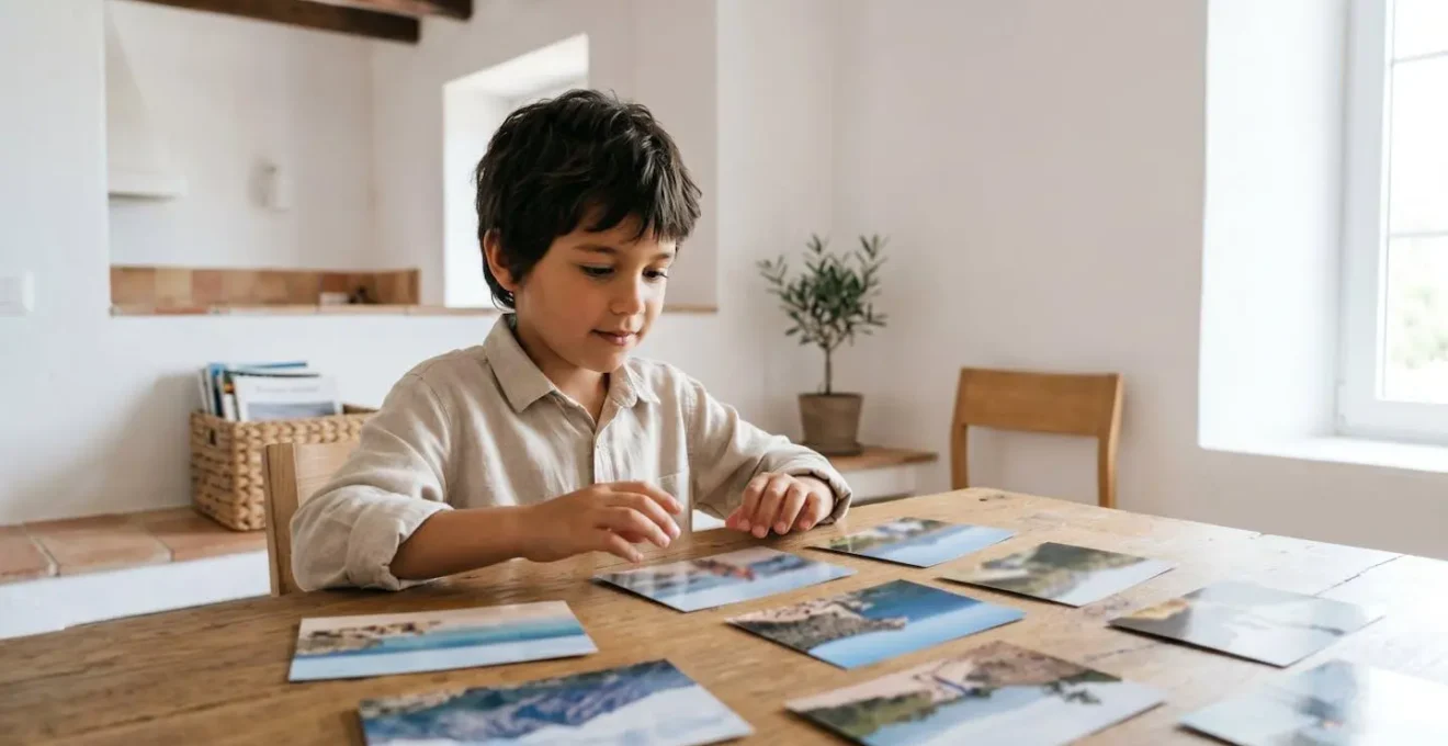 Niño concentrado eligiendo fotografías de vacaciones para crear su propio libro de aventuras
