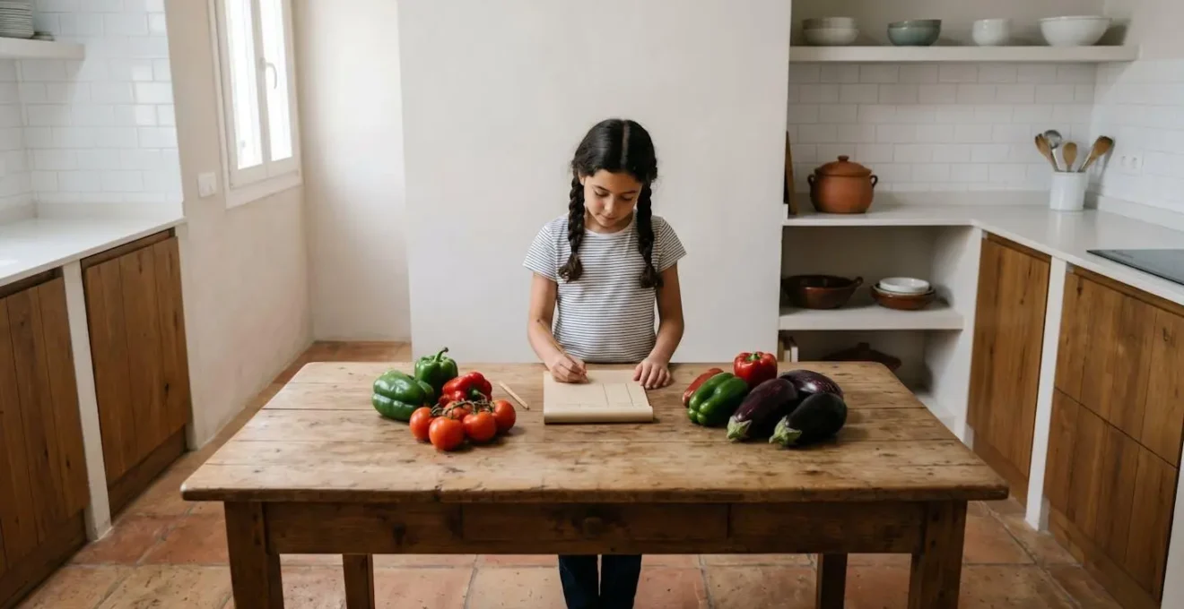 Niño participando en la planificación del menú familiar con verduras y alimentos sobre la mesa