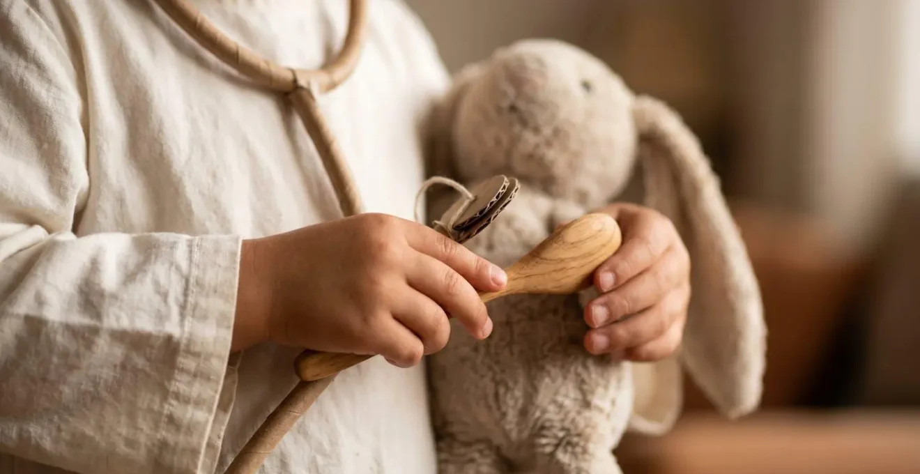 Niño español jugando al doctor con kit médico improvisado procesando miedos a través del juego