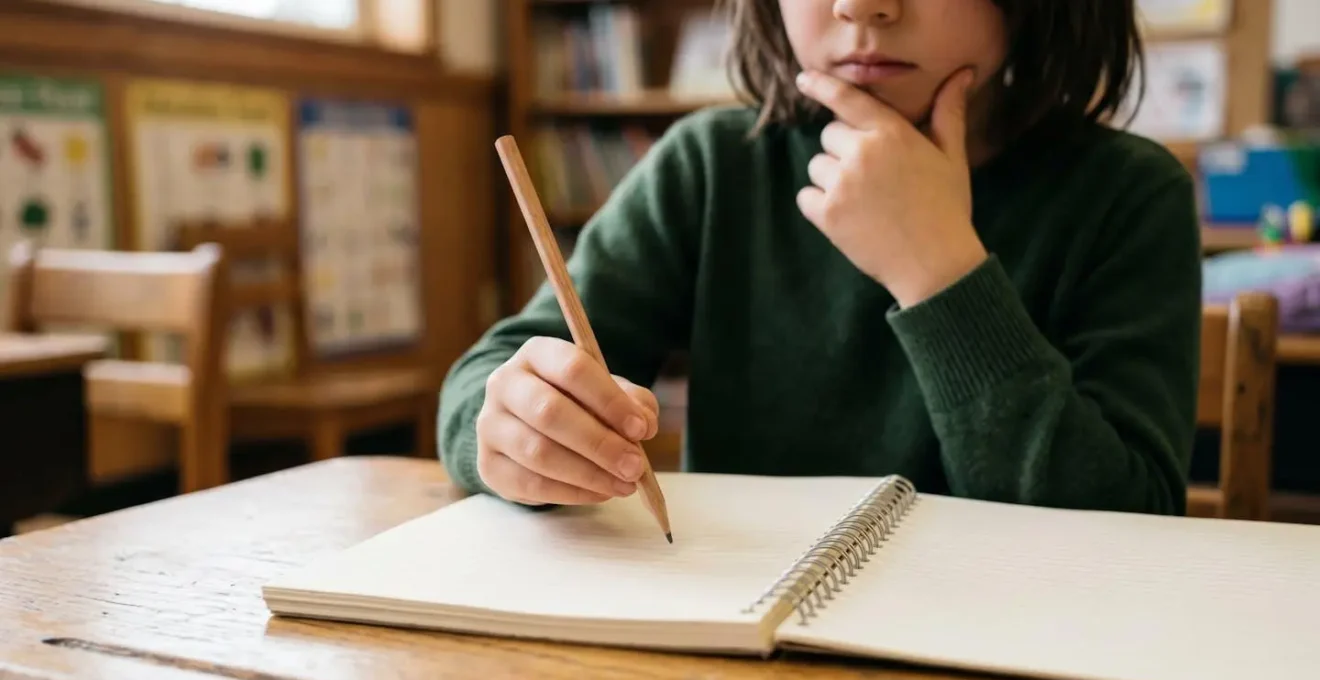 Niño de primaria reflexionando sobre un problema matemático con expresión pensativa antes de resolverlo