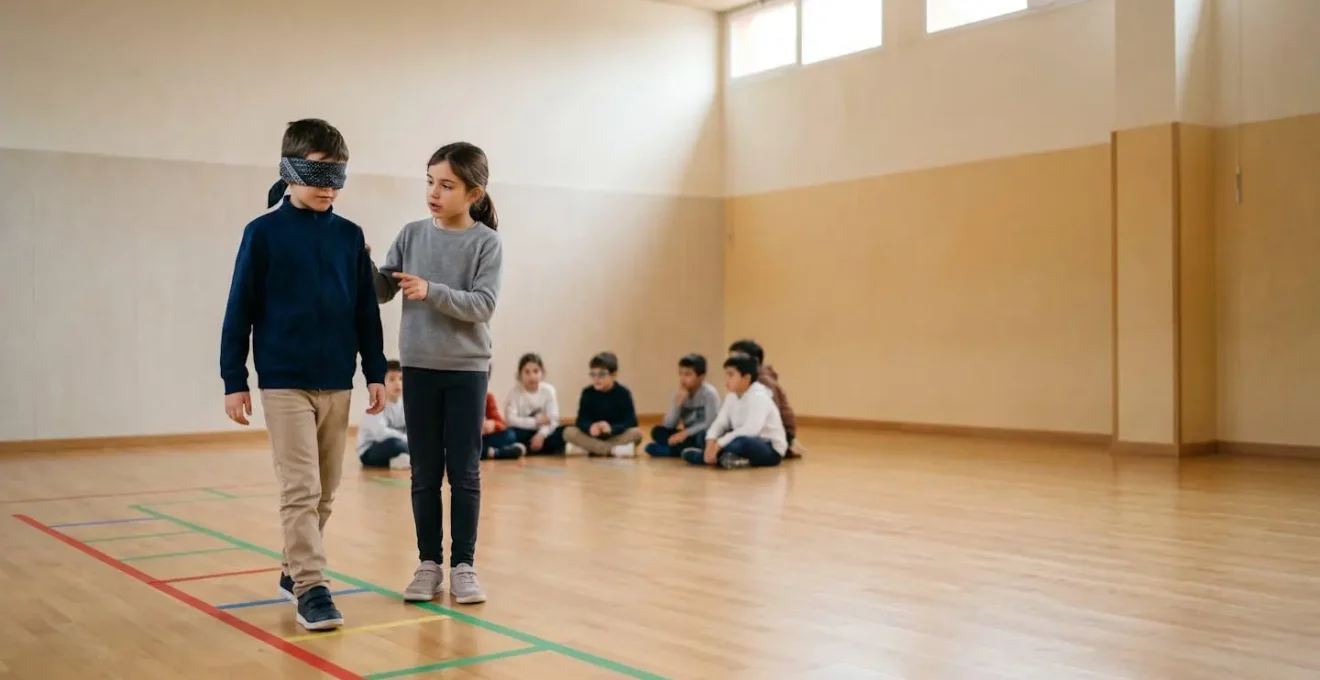 Niños españoles practicando el juego del robot ciego con vendas en un espacio educativo amplio