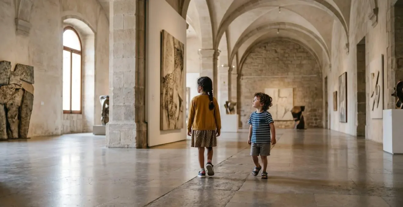 Niños disfrutando libremente de una experiencia cultural en museo español sin presión pedagógica
