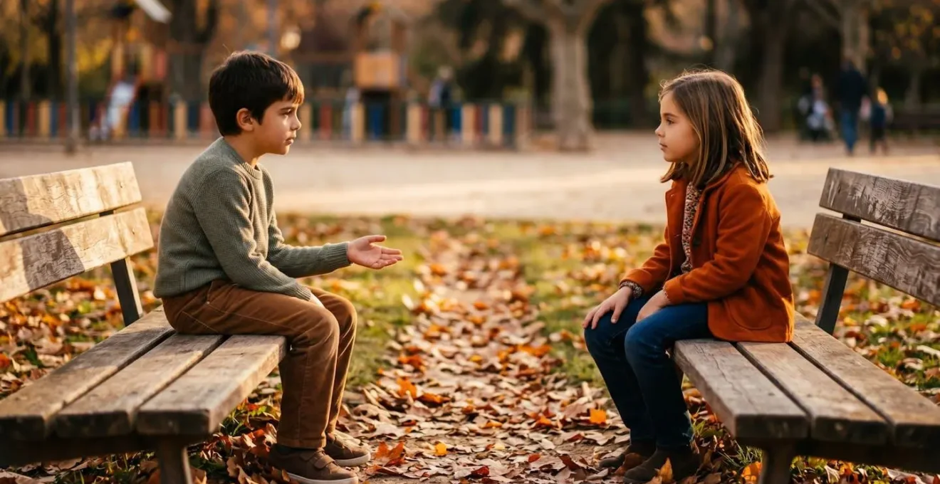 Dos niños conversando y resolviendo un desacuerdo de forma autónoma en un entorno natural