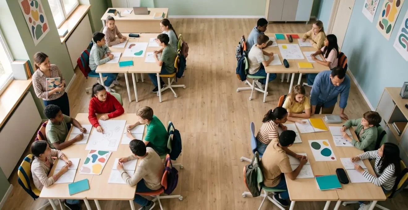 Vista cenital de un aula donde se visualizan patrones de interacción entre estudiantes trabajando en grupos