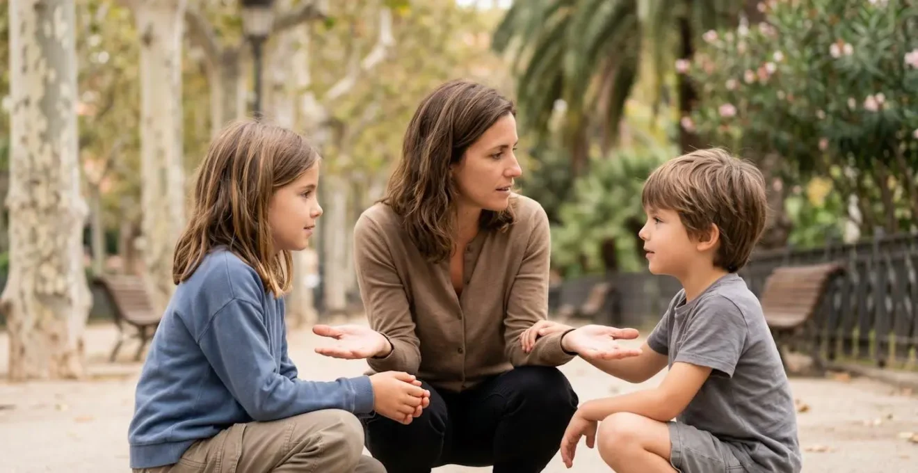 Padre mediando entre niños en conflicto en parque español con comunicación respetuosa