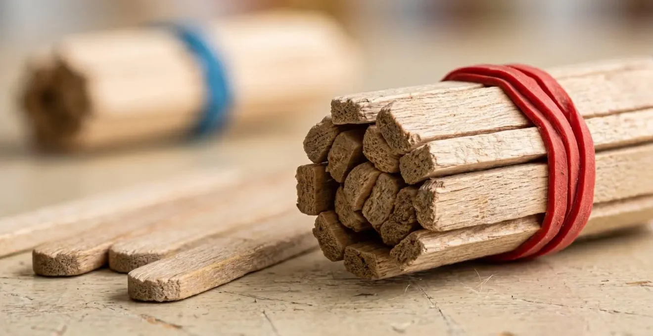 Vista macro de palillos de madera agrupados con gomas elásticas formando decenas, mostrando textura natural de la madera y color vibrante de las gomas
