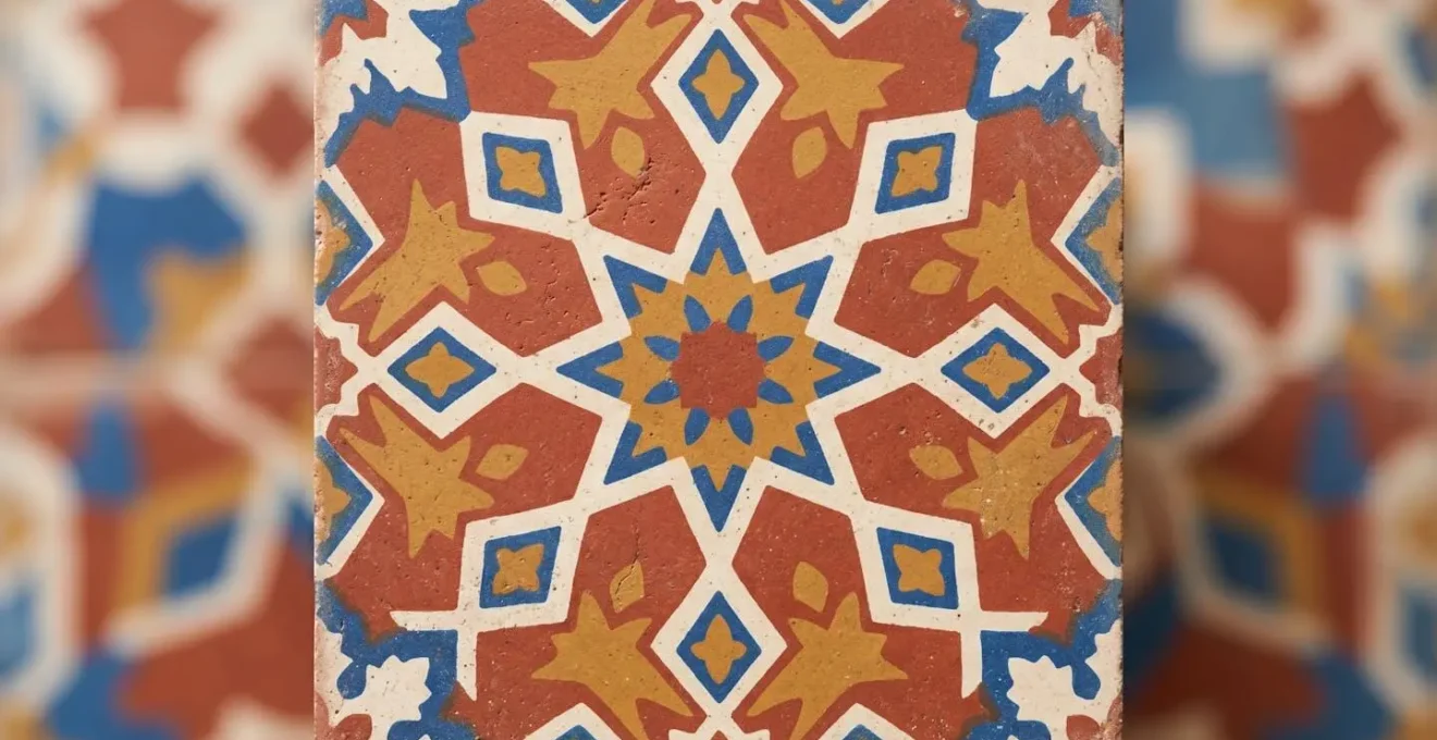 Detalle macro de azulejo geométrico español mostrando patrón repetitivo para enseñar bucles