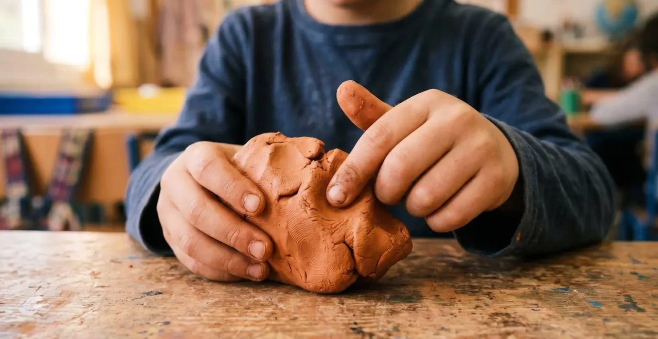 Manos de niño realizando actividad creativa sin presión por resultado perfecto en entorno educativo español