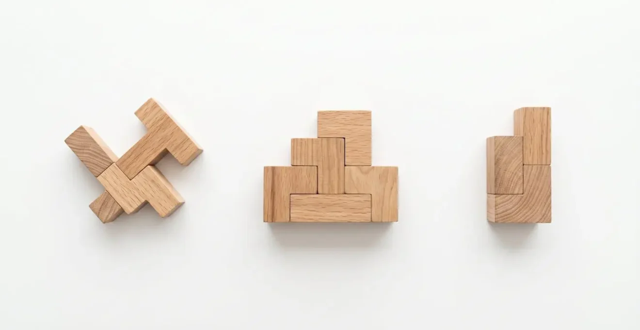 Diferentes siluetas geométricas formadas con las siete piezas del cubo soma sobre fondo claro, mostrando variaciones de área y perímetro